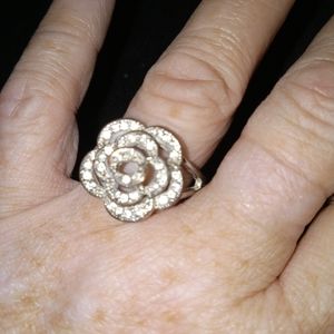 Vintage Silver with diamond rhinestones large Rose ring size 7